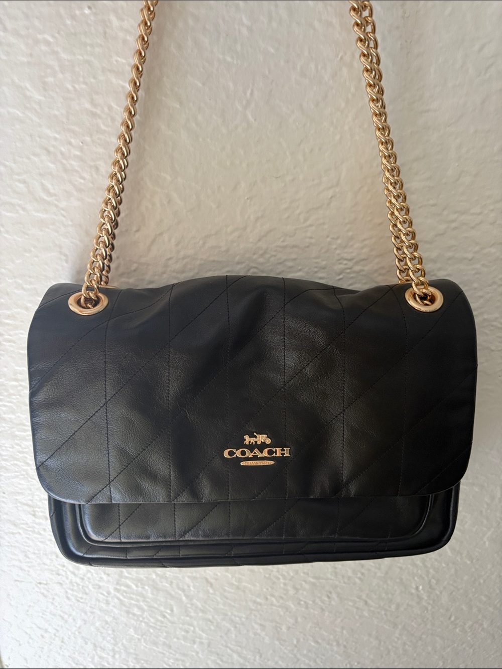 Elodie Coach Quilted Black Leather Shoulder Bag with Gold Chain Large
